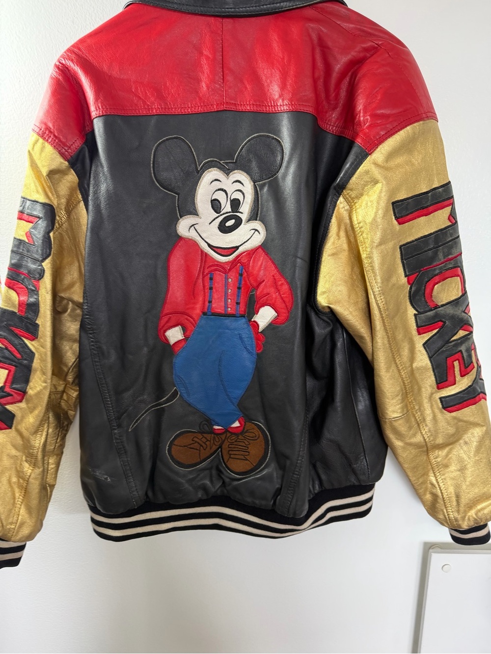 Vintage Disney Mickey Mouse Genuine Leather Bomber Jacket Gold 90s